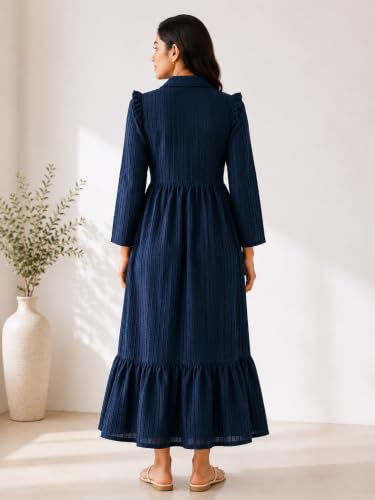 Image of Ayli Women's Textured Long Frock | Full Sleeve Maxi Frock | Tiered A-Line Dress for Casual, Office