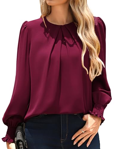 Kate Kasin Womens Dressy Business Casual Tops, Pleated Long Sleeve Shirts, Office Work Chiffon Blouses