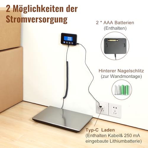 Miseyo Paketwaage, 300kg/20g, Hochpräzise Plattformwaage aus Edelstahl, Postwaage mit LCD/Halte/Tara Funktion für Pakete, Gepäck, Lagerhaus,Unternehmen, Inklusive Batterien&Typ-C