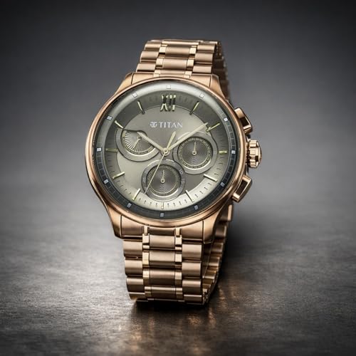 Image of Titan Classique Half Cut Chronograph Quartz Analog with Anthracite Dial Carnation Gold Stainless Steel Strap Watch for Men - 90218WM01
