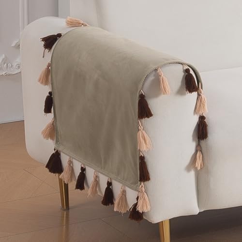 Image of HOKIPO Premium Holland Velvet Armrest Covers with Tassel for Sofa - 'TasselTone Series' (2 Pcs), Sand Beige (IN-1102-BGE*2SM)