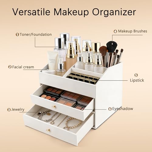 Homeanda Make-up-Organizer aus Kunstleder mit 2 Schubladen – Schreibtisch-Organizer für Kosmetik, Lippenstift, Hautpflege und Schmuck (weiß)