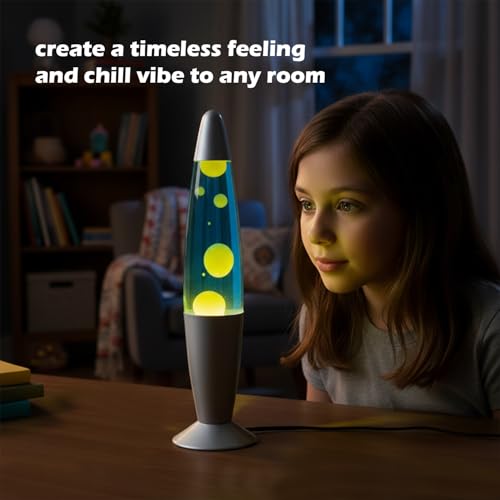 Image of KARP 13 Inch (Rocket Shap) Lava Lamp | Blue Water & Yellow Lava Motion | Metal & Glasss | 220-240V 50Hz | SES R39 E14 20W Bulb Included | Plug-in with ON /Off Switch | Ideal Decor & Gift