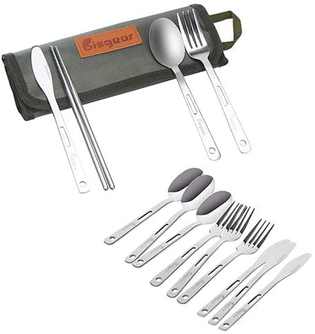 Bisgear Backpacking Camping Cookware Camp Kitchen Utensil Bbq Organizer Travel Mess Kit With Water Resistant Case, Cutting Board, Rice Paddle, Tongs, Scissors, Knife, Spork #TOP3