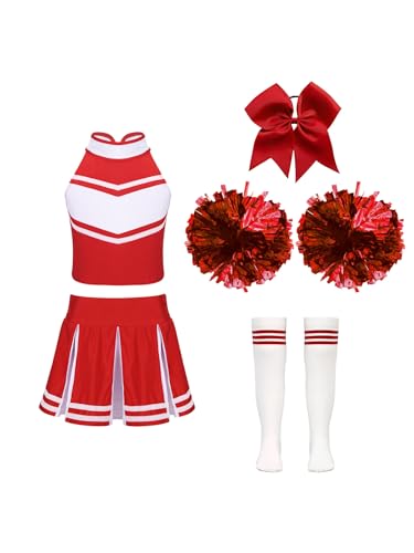 JEATHA Girls Cheer Dance Costume Halloween Sleeveless Crop Top Pleated Skirt Outfit Cheerleading Uniform Dress A Red C 10 Years