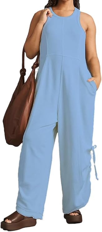 Womens Casual Jumpsuits Solid Color Loose Fit Summer Sleeveless Wide Leg Jumper Romper Zipper Down Travel Loose