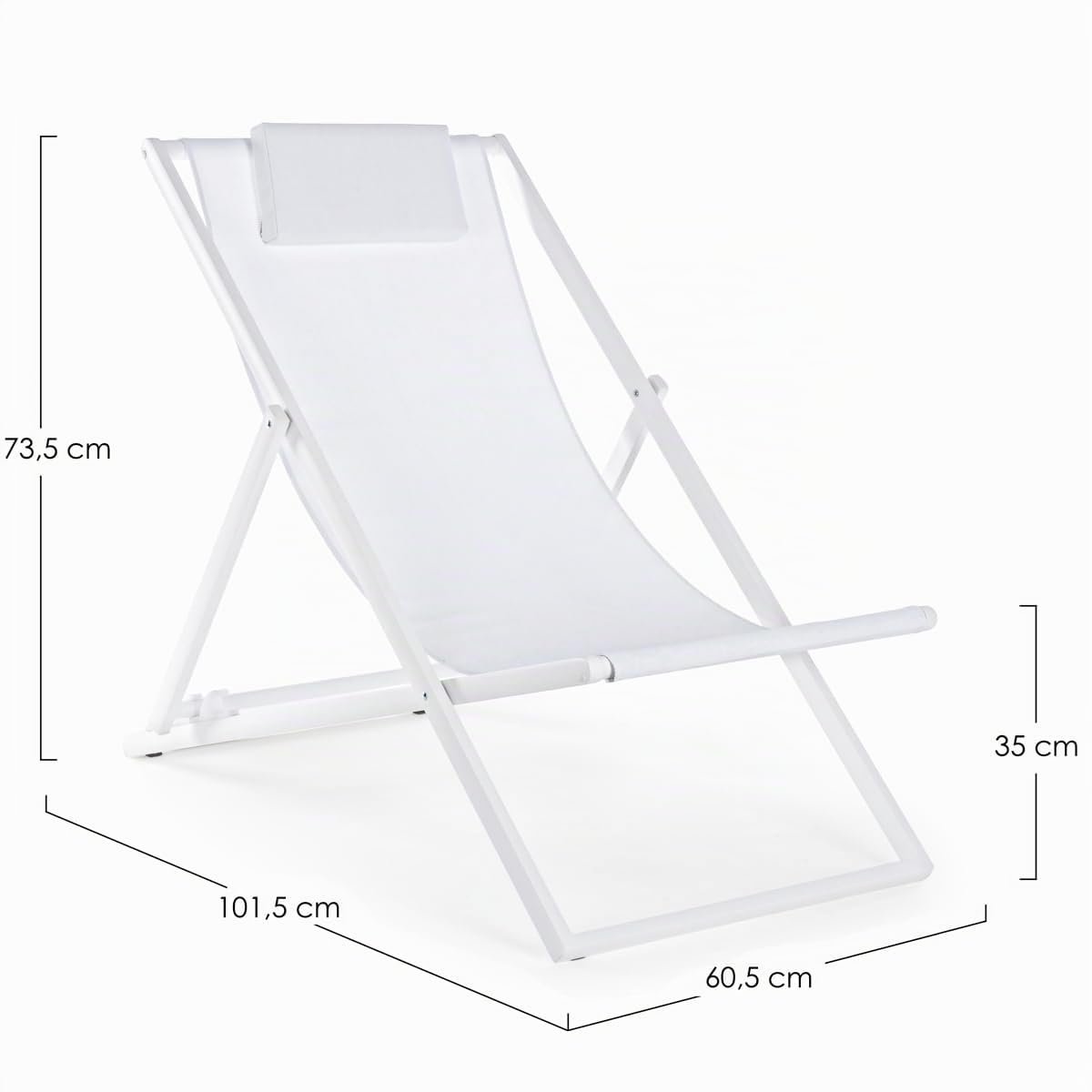 Yellowshop | Sdraio Taylor Lettino da giardino spiaggia in alluminio e textilene, Reclinabile, Pieghevole, 3 Posizioni con cuscino Poggiatesta Navy, Verde, Bianco e Antracite (Bianco)