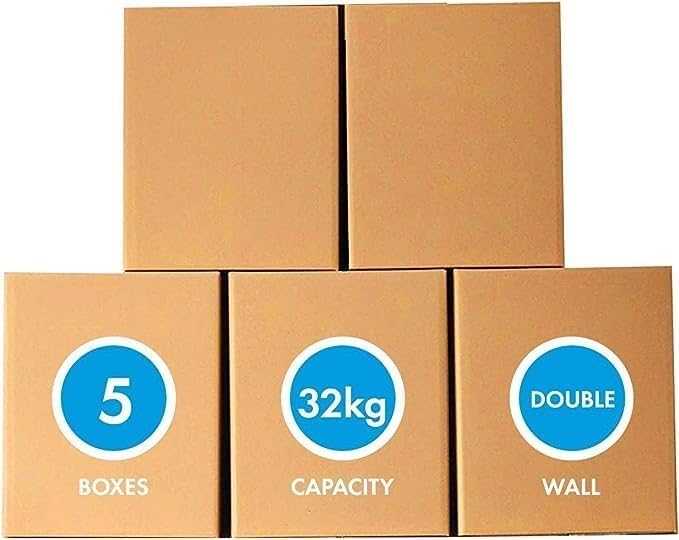 Pack of 5 Large Double Wall 100% Recyclable Corrugated Cardboard Moving Boxes with 32 KG Capacity, 45 x 45 x 70 cm Brown Carton for Packaging, Shipping and Storage, (Pack of 5)