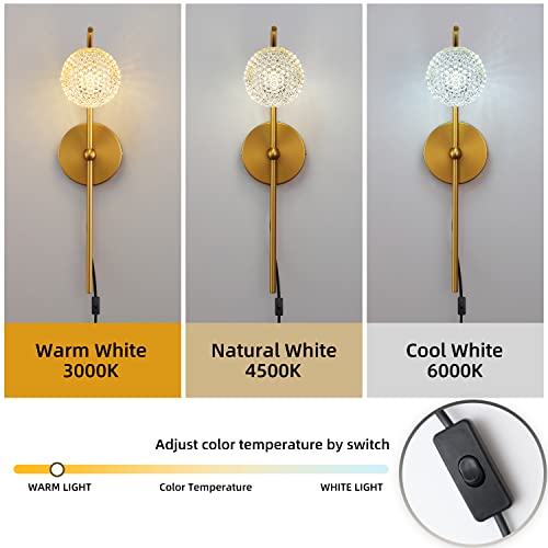 Image of Plug in Gold Wall Sconces - Adjustable Color Temperature Modern Wall Light Fixtures, Globe Wall Mounted Lamp with Brass Finish for Indoor Iiving Room Bedroom Bedside Hallway