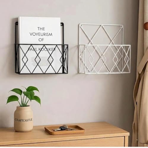 Image of Hanging File & Magazine Holder - Wall Mounted Metal Organizer for Newspapers, Documents & Office Storage | Decorative Black Wall Rack for Home & Workspace (Black+White)