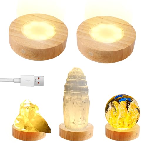 Base de luz LED de madera luolety, paquete de 2 bases de soporte de luz redondas de madera para arte de piedra aromática de vidrio y cristal 3D con 3 modos de luz Blanco Cálido Neutro, botón táctil