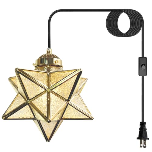 JLOWCO Gold Moravian Star Pendant Light with Brass Shade 16.5ft Plug-in Hanging Light Fixture with Switch Farmhouse Brass Lighting for Kitchen Island Bedroom Hallway Porch (LED Bulb Included)