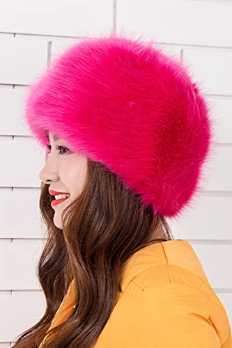 Sunkrop Winter Women Faux Fur Russian Cossack Style Hat Fuschia, Retro Ushanka Hats Fluffy Head Warmer Headbands Fuzzy Bucket Hats Ladies Fashion Beanie Solid Color Soft Plush Fisherman Caps Skiing #TOP1