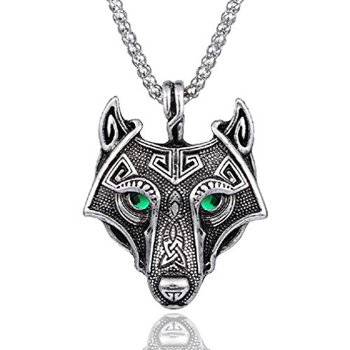 Norse Viking Wolf Necklace for Men, Green Eye Wolf Head Pendant Necklace with 23.6â€ Chain, Retro Wolf Totem Necklace, Vintage Wolf Signet Amulet Necklace, Punk Animal Wolf Jewelry Gift for Men Boys