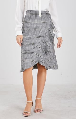 chouyatou Women's Elegant Work Wear Adjustable Waist Flounce A-Line Plaid Midi Wrap Skirt2