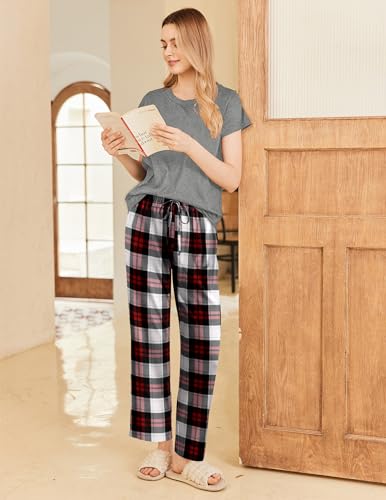 Image of Ekouaer Pajama Sets for Women Round Neck Pjs Short Sleeve Sleepwear with Long Pants Loose Lounge Sets