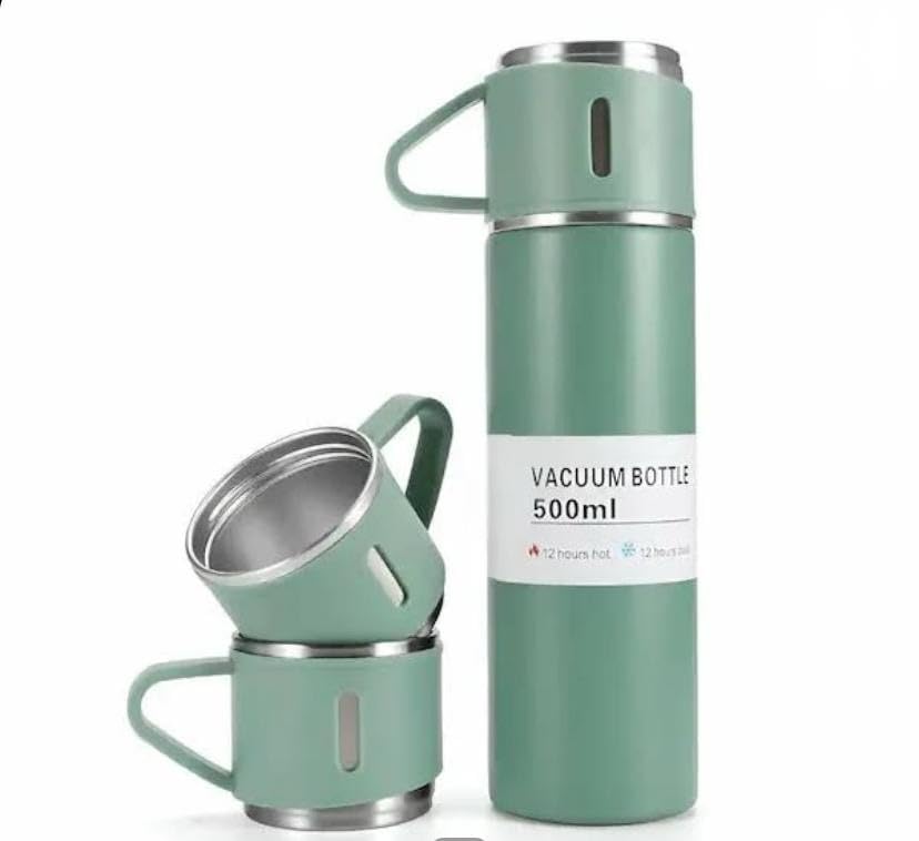 Image of Thermo Flask Vacuum Flask Set, Stainless Steel, 500ml, Insulated Double Wall, Hot and Cold Bottle with 3 Cups