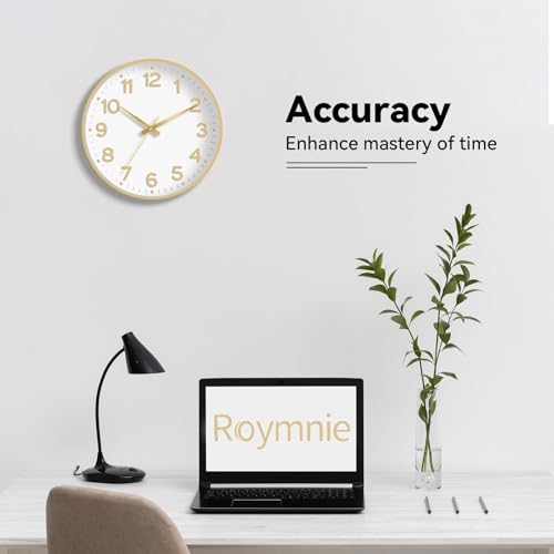 Image of Roymnie Wall Clock 12 Inch Silent Wall Clocks Battery Operated-Modern Non Ticking Analog Clock Decorative for Kitchen Bedroom Office (White Gold)
