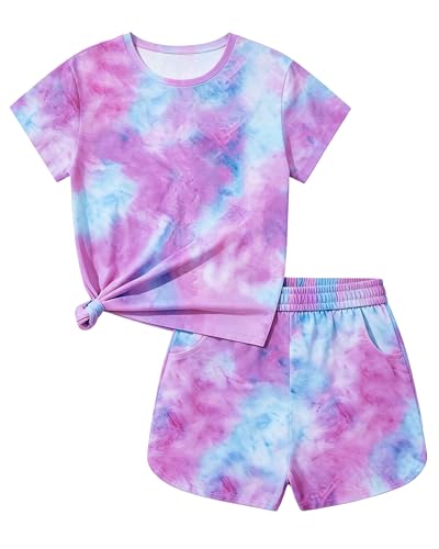 Image of Bestuline Girls Summer 2 Piece Outfits,Basic Short Sleeve Top & Shorts Set with Side Pockets,4-14Y