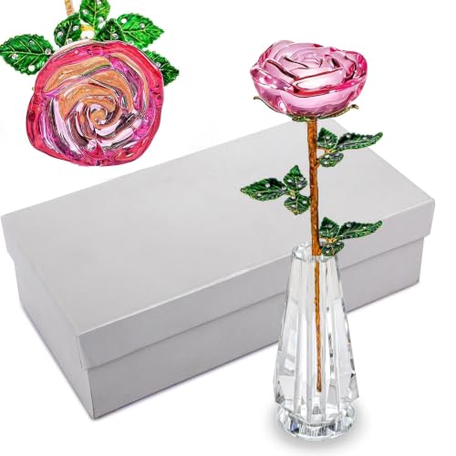 10'' Pink Crystal Rose Figurine with Vase Glass Rose Flower Gifts for Women