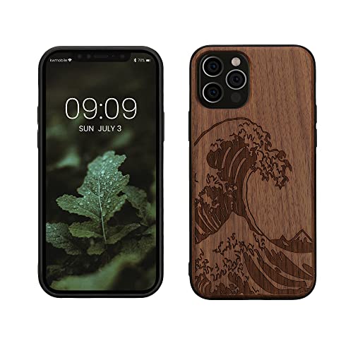 Ya en manzanajugosa.com: kwmobile Carcasa Compatible con Apple iPhone 12 / iPhone 12 Pro Funda - Funda de Madera de Nogal con Bumper antigolpes - Estampa Japonesa