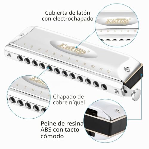 Miniatura 2 de East Top Professional Armónica Cromática De 12 Agujeros Y 48 Tonos En C, Instrumento De Armónica Cromática De 12 Agujeros Con Estuche Para Adultos, Jugadores Profesionales Y Estudiantes