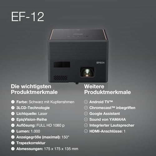 Epson EF-12 Mini Smart-Laserprojektor, Kupferdetails, 1.000 Lumen, bis zu 150-Zoll Bilddiagonale (3,81 m)