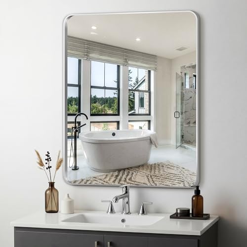 Image of Delma Bathroom Vanity Mirror, Silver Framed Mirror for Over Sink, 36x30