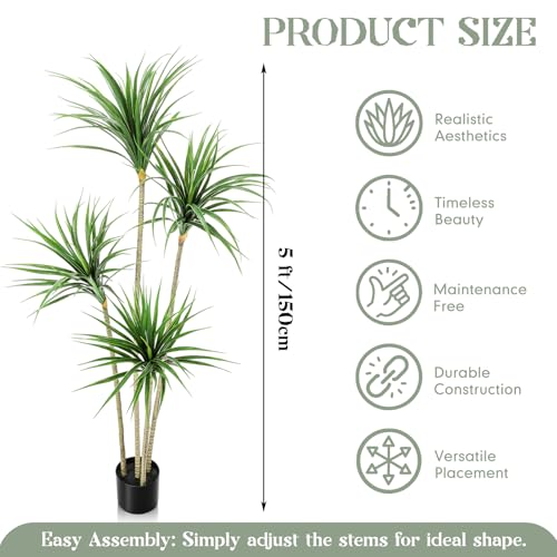 Image of Jexine 5 ft Artificial Dracaena Marginata, Tall Artificial Dracaena Plant Tree, Tropical Faux Fake Floor Plant with Pot Indoor Outdoor Decorative Tree for Home Office Decor Housewarming Gift