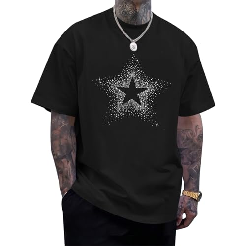 Oiiaayy Men's Rhinestone Star Shirt Y2k Oversized Graphic Tee Streetwear Grunge Aesthetic T Shirts Casual Short Sleeve Top(Black,L)