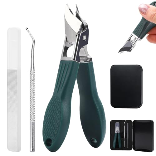 Image of Eagle Beak Nail Clippers for Ingrown & Thick Nails - Beveled /Slanted /Angled Blades, Long Handle Wide Jaw, Anti-Splash Ultra Sharp Stainless Steel Edge 3-Piece Set for Men /Women (Green)