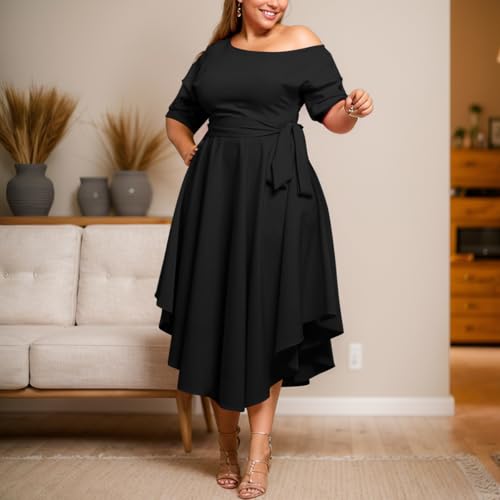 Plus Size Women Wedding Guest Dress Off Shoulder Boat Neck Irregularly Flowy Midi Church Dress2