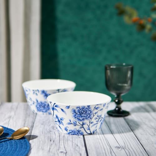 Image of GOLDEN QUEEN'S Bowls Set of 2 | Ideal for Snacks, Noodles, Ramen, Salad, Cereals, Rice | Microwave Safe | Handcrafted - Sapphire Bloom, 500 ml