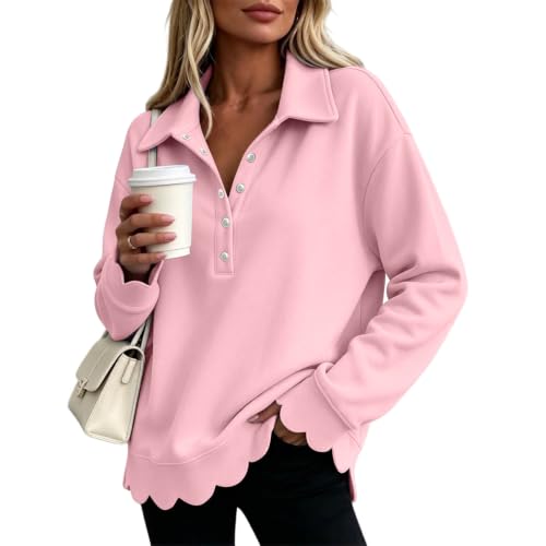 Womens Scalloped Sweatshirt Casual V Neck Pullover Button Up Tops - image 2