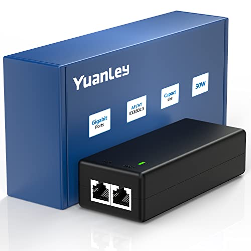 YuanLey Gigabit Injector PoE 30W, Injecteur PoE Convertit Le Non-PoE en PoE+, Injecteur PoE 48V IEEE 802.3at/AF, 10/100/1000Mbps Adaptateur PoE Plug & Play, Distances Jusqu'à 100 Mètres