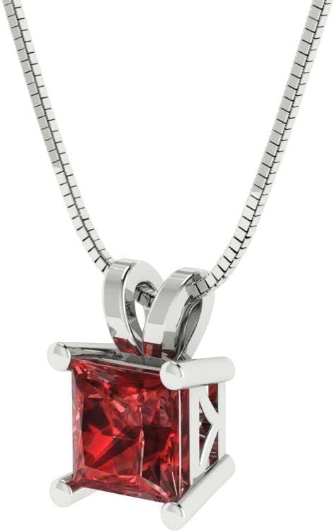 Clara Pucci 14K White Gold Plated Solitaire 18" Box-Chain Necklace - Sterling Silver 0.5ct Princess Cut Garnet Pendant - Image 2