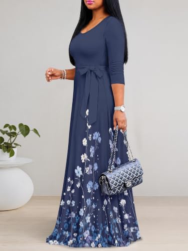Image of PinkPatty Plus Size Maxi Dress for Women Casual V Neck 3 /4 Sleeve Boho Printed Long Dress with Pockets
