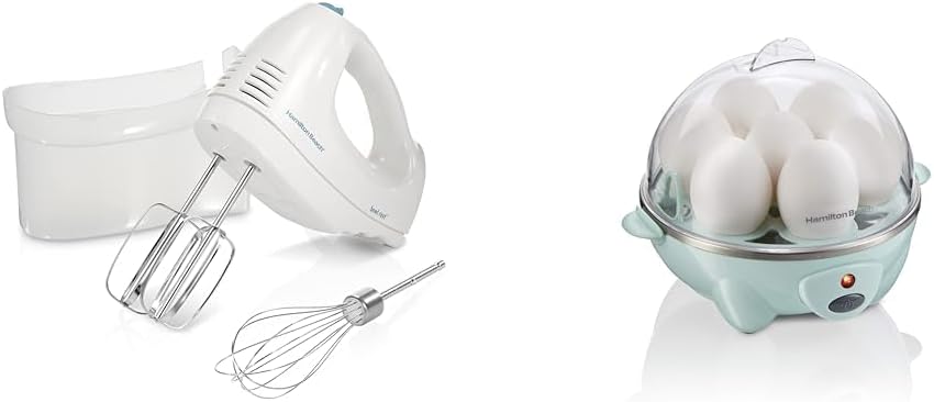 Hamilton Beach 6-Speed Electric Hand Mixer with Whisk & 3-in-1 Electric Egg Cooker for Hard Boiled Eggs, Poacher, Omelet Maker & Vegetable Steamer, Holds 7, Mint (25504)