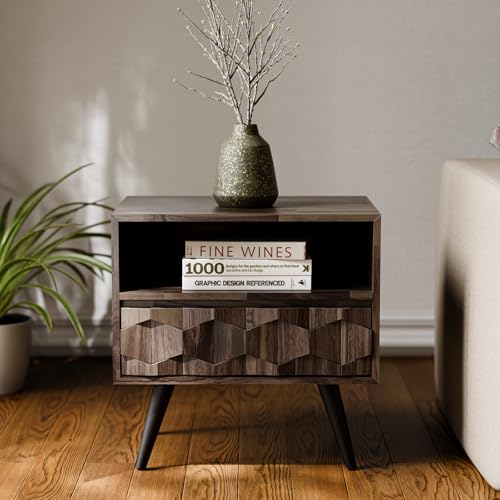Image of Bme Georgina Solid Wood Nightstand with 1 Drawer & Open Shelf- Fully Assembled Mid Century Modern Side Table - Geometric Pattern Bedside Dresser for Bedroom and Living Room, Mocha
