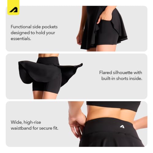 Image of Boldfit Skorts for Women Sports Activewear Skirt with Inner Shorts and Pockets Pickleball, Badminton Tennis Skort Athletic Workout Gym Running Golf Shorts High Waisted Flared Mini Skirt- Jet Black