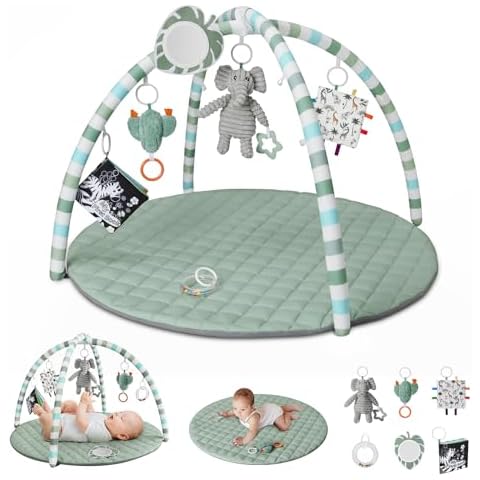 Blissful Diary Baby Play Gym Mat, Tummy Time Mat with 6 Detachable Toys for Stage-Based Sensory & Motor Skill Development, Baby Activity Mat Easy to Install & Clean, Baby Essentials Gift, Sage Green Cover