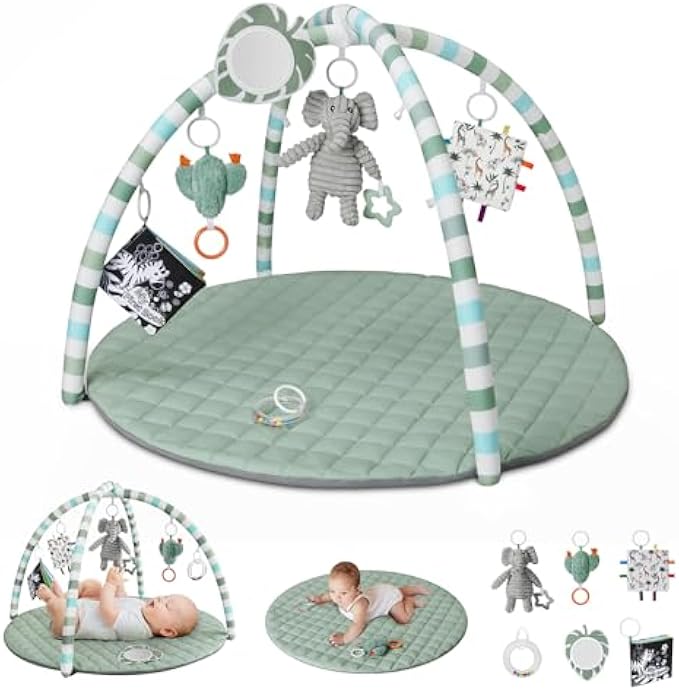 Blissful Diary Baby Play Gym Mat, Tummy Time Mat with 6 Detachable Toys for Stage-Based Sensory & Motor Skill Development, Baby Activity Mat Easy to Install & Clean, Baby Essentials Gift, Sage Green
