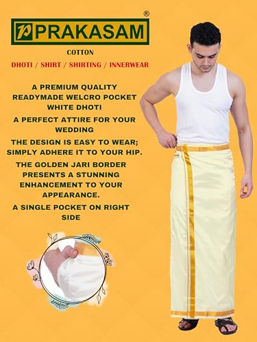 Image of PRAKASAM COTTON Double Layer 8 Mulam Velcro Pocket Dhoti for men | Mundu with Golden Jari Border, Readymade Dhoti for men, Silk Look, South Indian Veshti