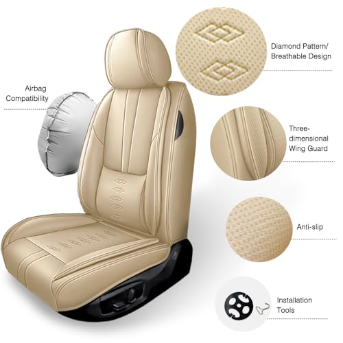 NCCLOVELY Car Seat Cover for Volkswagen Atlas 2018-2024,Waterproof Leather Seat Covers 2-Seats Standard,Car Interior Accessories with Airbag,Car Seat Protectors for Atlas(Beige)