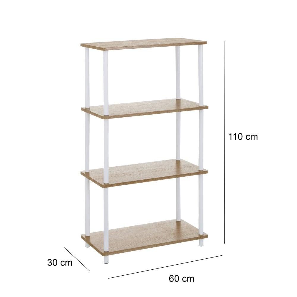Estantería de 4 baldas LOLAhome 110x60x30 cm Metal Blanco y Tablero Laminado Natural