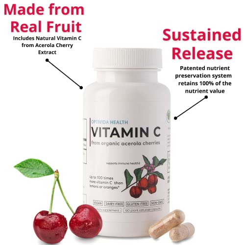 Optivida Vitamin C With Organic Acerola Cherry Extract - Vegan Supplement - Immune Support & System Booster, Healthy Skin & Joints Antioxidant #TOP6