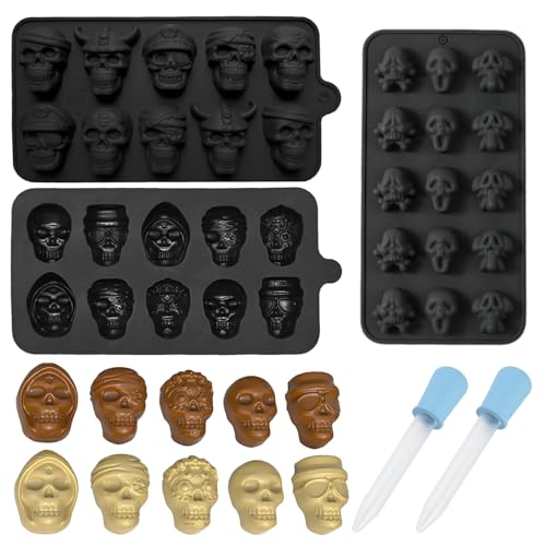 Xbessc 3 Pièces Moule Silicone Halloween, 35 Cavité Flexible Moules Chocolat de Crâne, 3D Moule a Gateau Halloween, Tête de Mort Moules avec 2 Pipette pour...