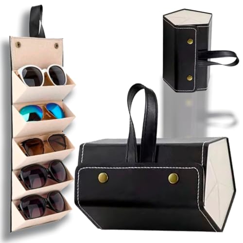 Porta Oculos. Estojo dobrável com 5 compartimentos, ideal para viagens, praticidade e estilo. Acompanha 1 Limpa Lentes e 1 pano para limpeza de lentes (Preto)