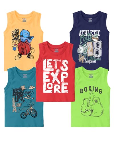 Image of kiddeo Boys Cotton Sleeveless T-Shirts(Pack of 5)