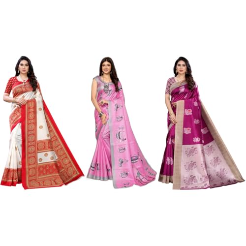 Image of Yashika Women's Sarees Women's Combo Art Silk Printed Saree With Unstitched Blouse Piece |saree for Women | saree combo | New Sari | Saree Pack Of 3